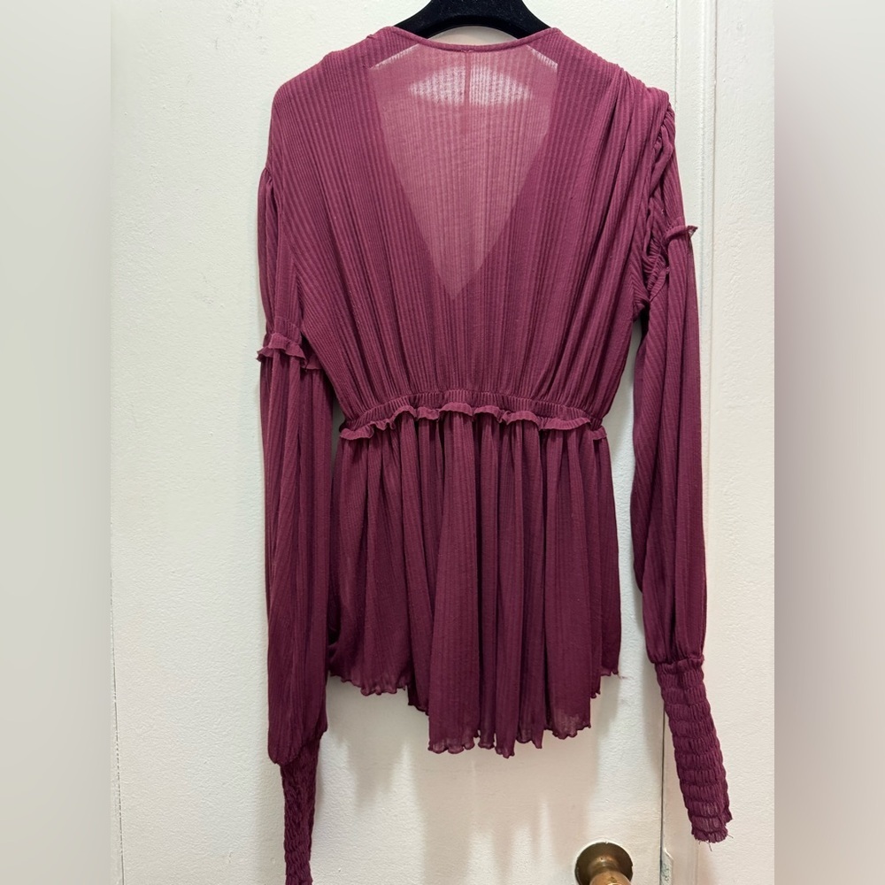 Revolve Free People Day Dreaming Ruffled Balloon Sleeve Top small burgundy - Picture 4 of 5
